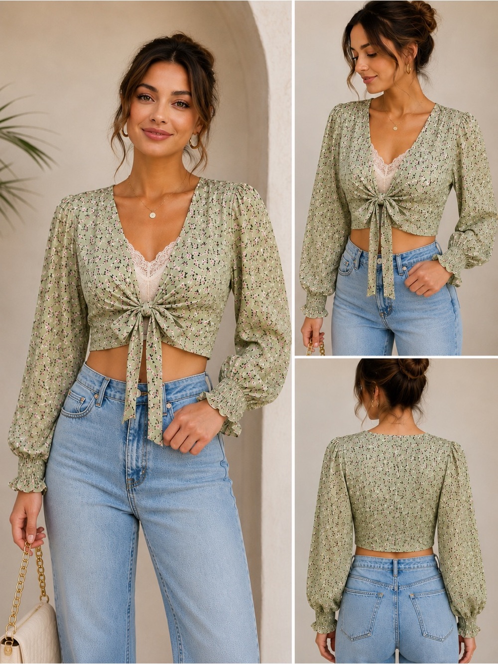 More to Come Floral Tie Front Crop Top | Women’s XS | Sage Green Long Sleeve - Picture 1 of 7